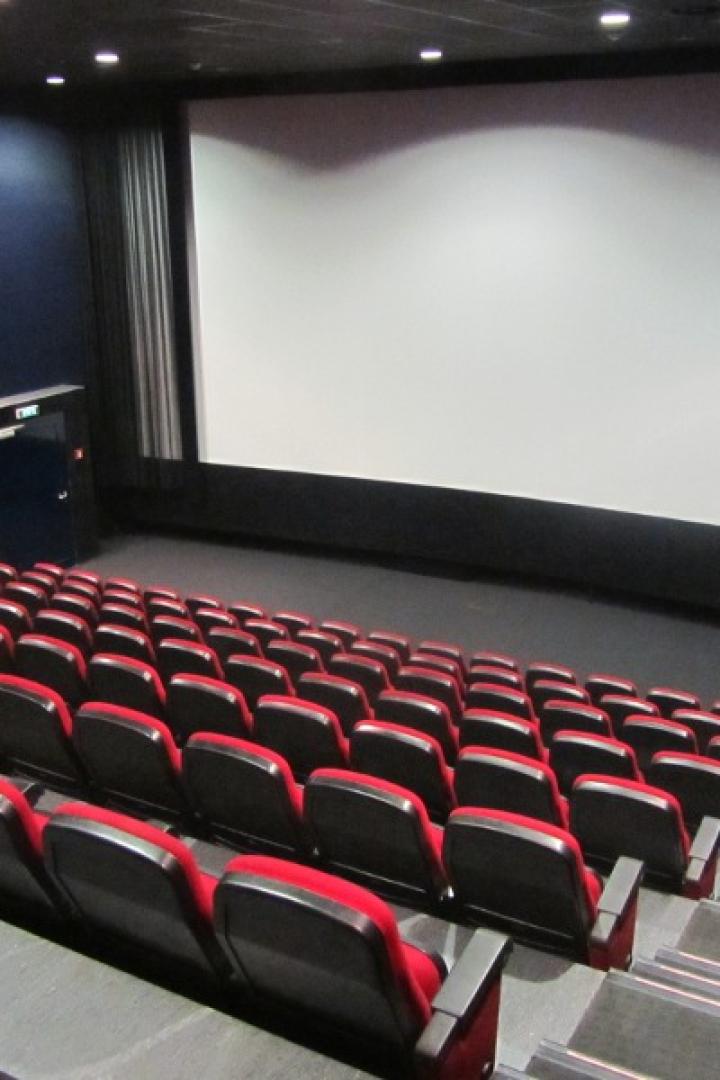 Blick auf eine leere Kinosaal mit roten Sitzen und einer großen Leinwand.