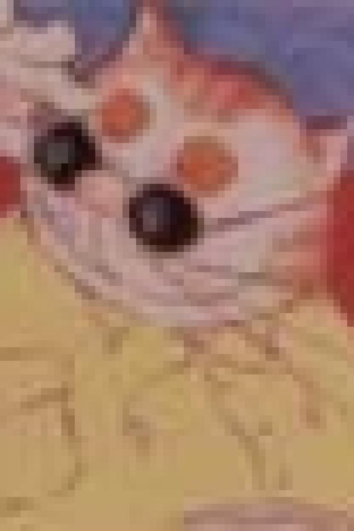 Eine anthropomorphe Katze mit Brille und gelbem Hemd.