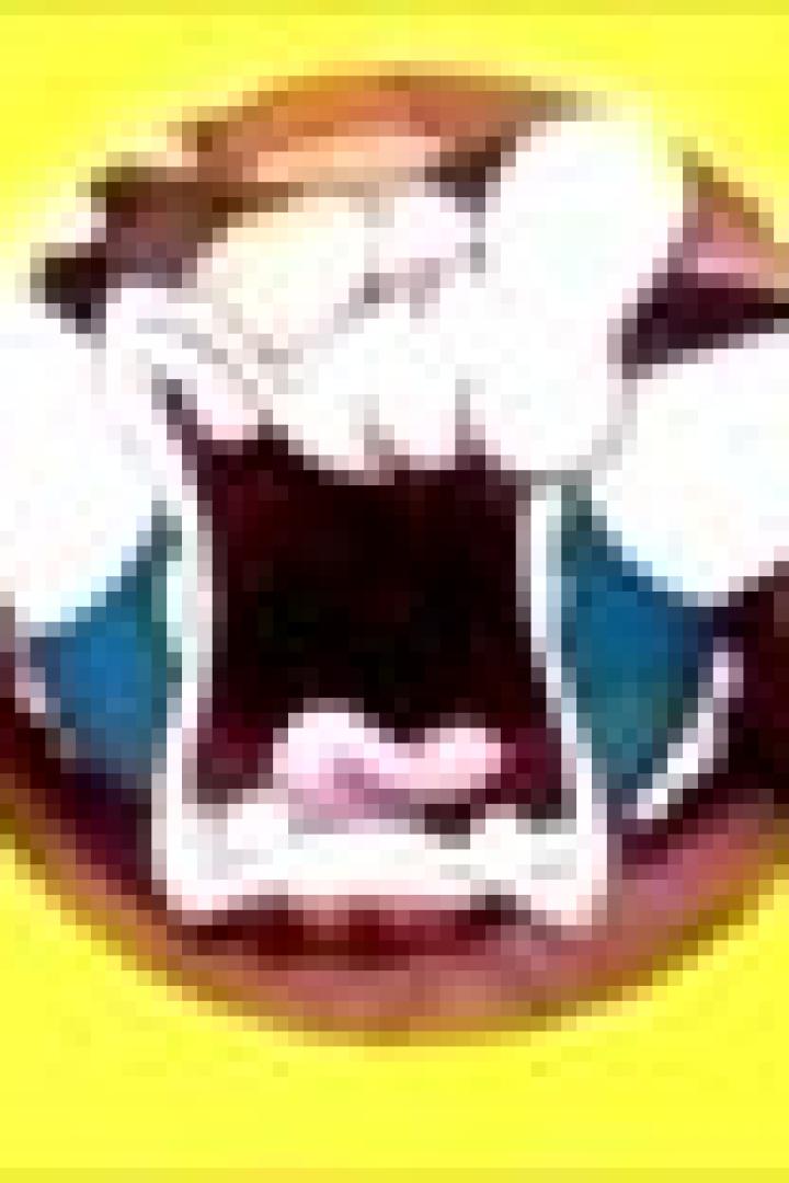 Ein Cartoon-Gesicht mit aufgerissenem Mund und großen Zähnen auf gelbem Hintergrund.