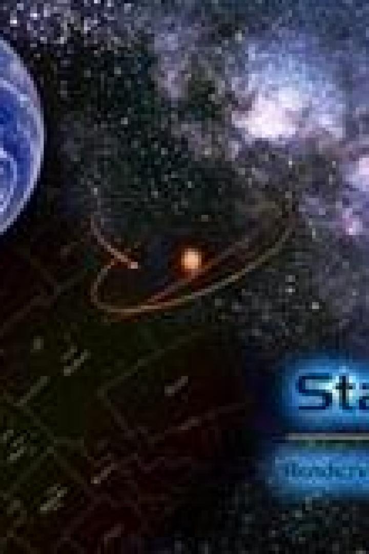 Eine Illustration von Erde, Mond und einer Galaxie mit dem Text „Star-Date“.
