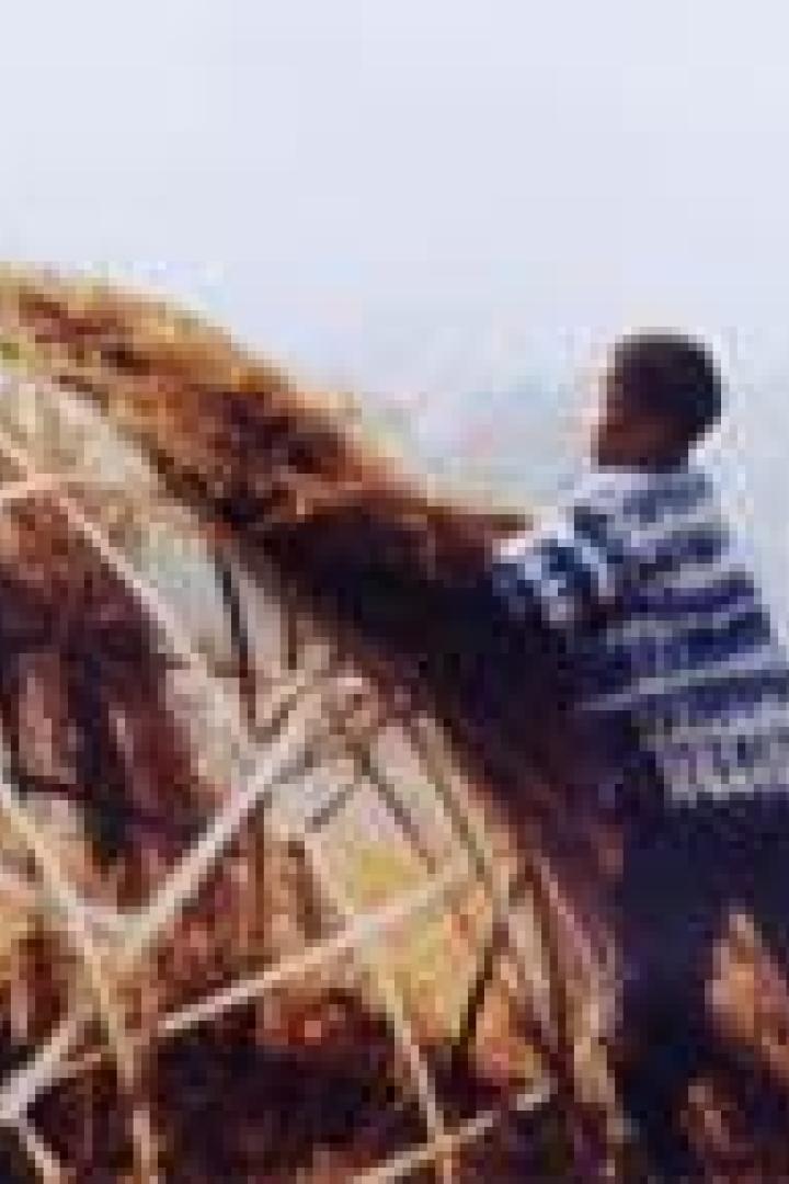 Ein Mann baut ein Haus mit einem Strohdach.