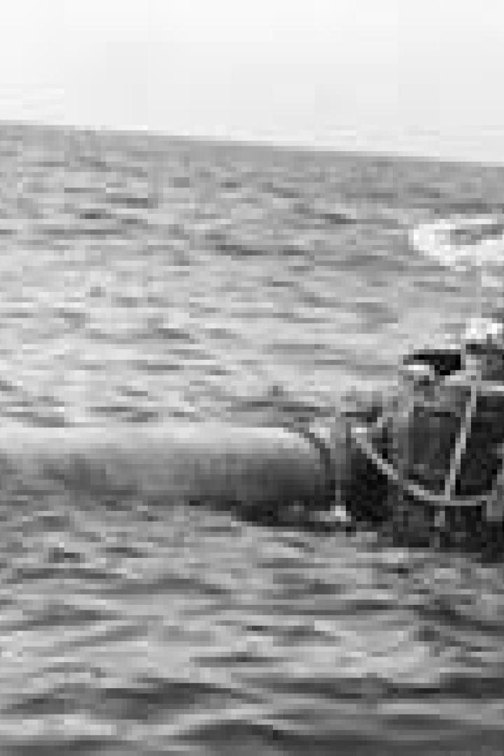 Ein Mann treibt mit einem ungewöhnlichen, rohrartigen Floß und einem Sonnenschirm auf dem Meer.