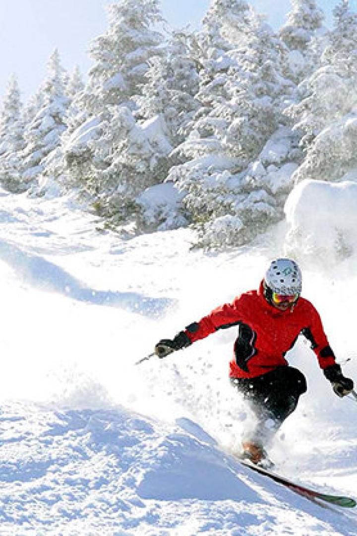Ein Skifahrer fährt einen schneebedeckten Hang hinunter.