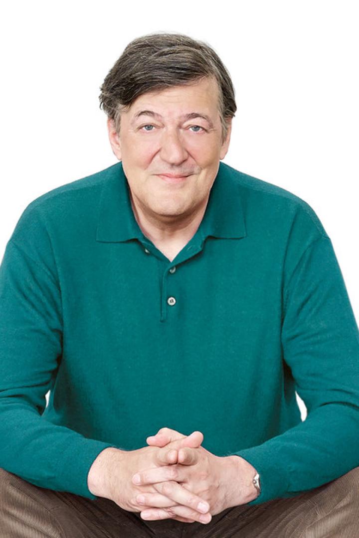 Porträt von Stephen Fry, der in einem grünen Pullover und brauner Hose sitzt.