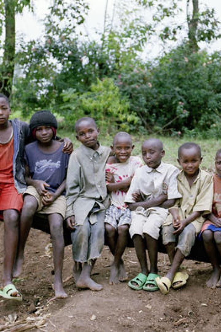 Eine Gruppe afrikanischer Kinder sitzt auf einem Baumstamm vor einer grünen Landschaft.