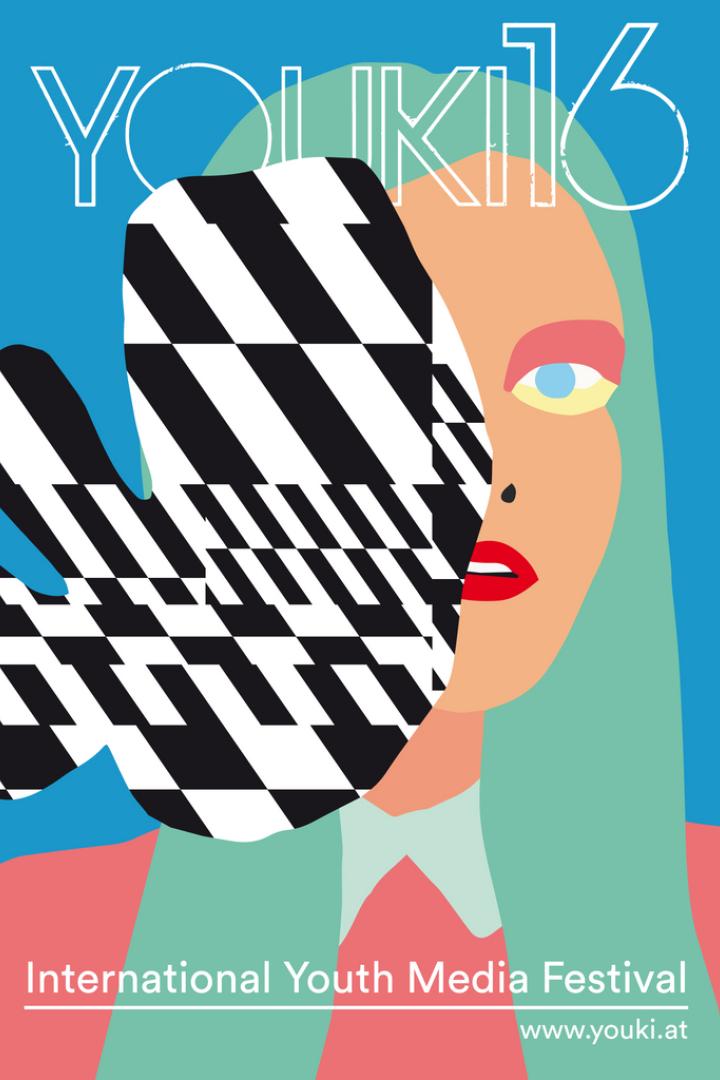 Ein Werbeplakat für das International Youth Media Festival mit einer stilisierten Frau.