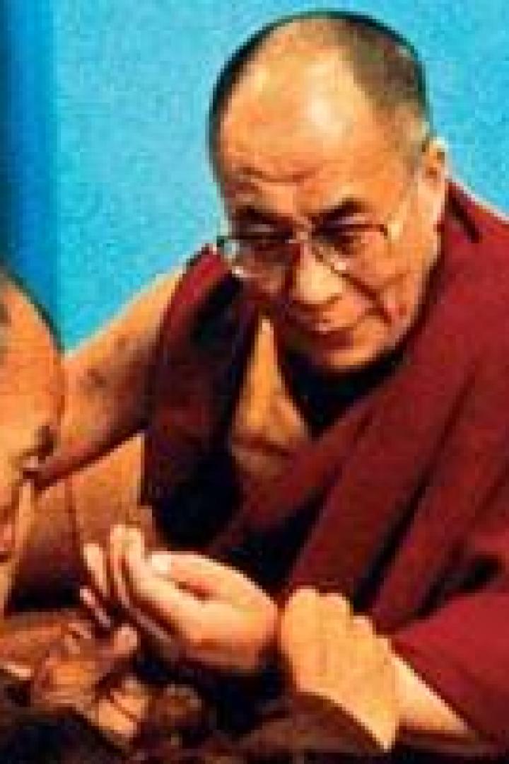 Der Dalai Lama betrachtet etwas in den Händen eines anderen Mannes.