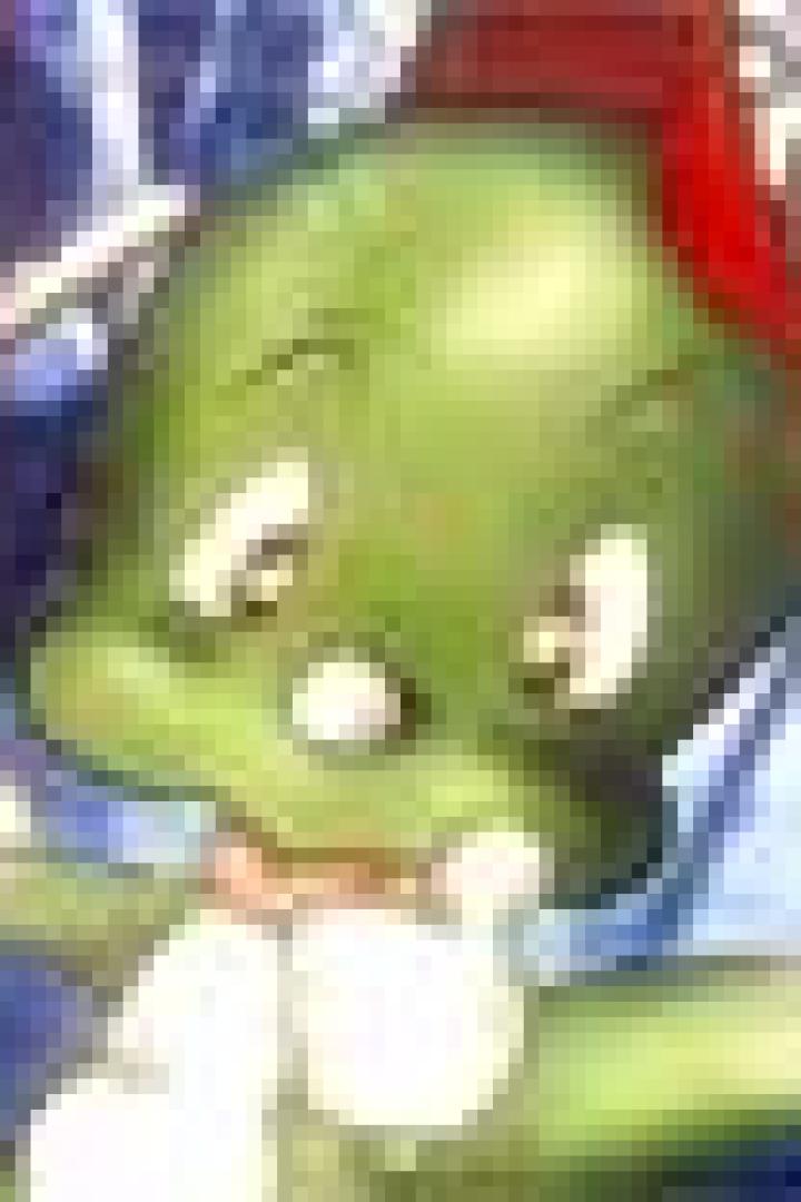 Ein grüner Cartoon-Charakter mit einem roten Hut und einem weißen Hemd.