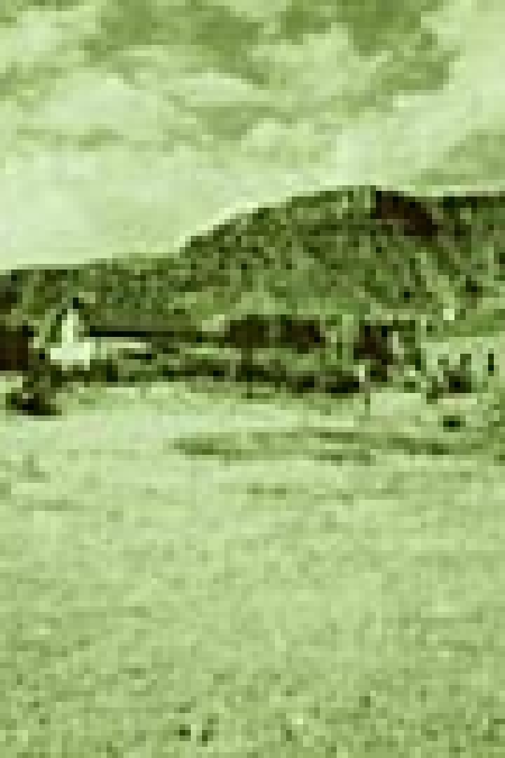 Eine historische Aufnahme einer Siedlung vor einem Tafelberg.