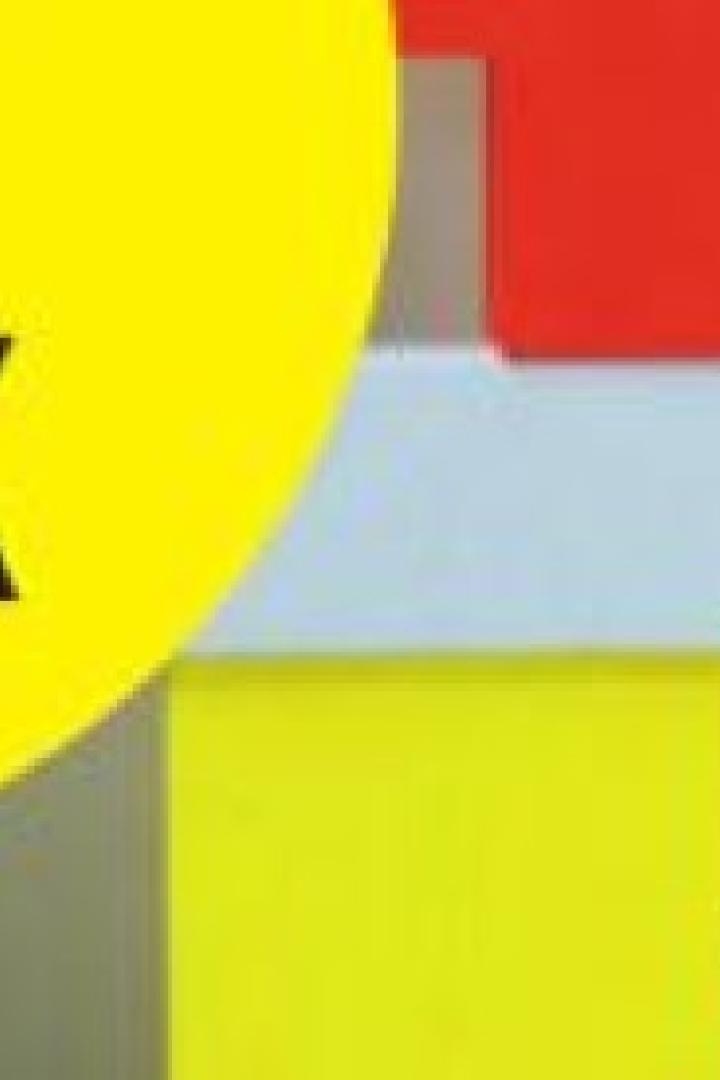 Ein gelber Kreis mit dem Text „New York“ vor einem Hintergrund aus bunten Blöcken.