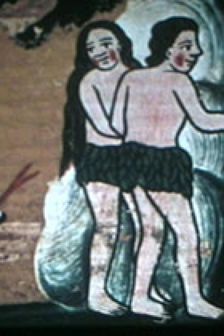 Eine naive Darstellung von Adam und Eva mit der Schlange im Garten Eden.