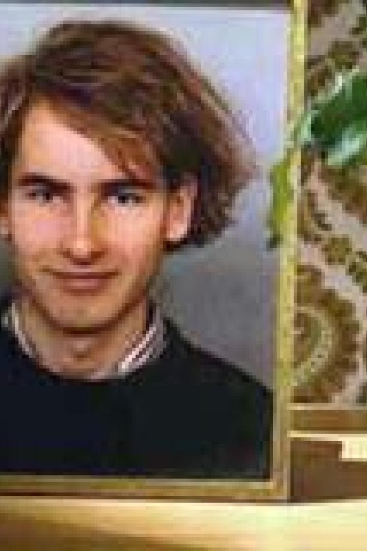 Ein Porträt eines jungen Mannes mit braunen Haaren in einem goldenen Rahmen.