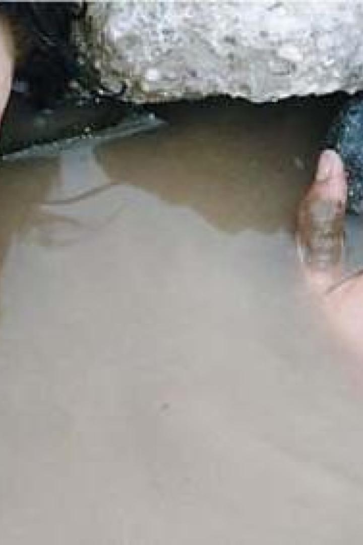 Eine Frau liegt mit schmutzigem Gesicht in trübem Wasser.