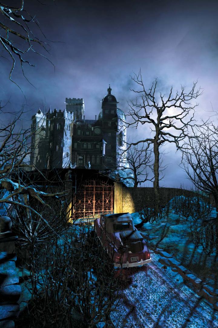 Ein Auto fährt nachts auf ein unheimliches Schloss zu.