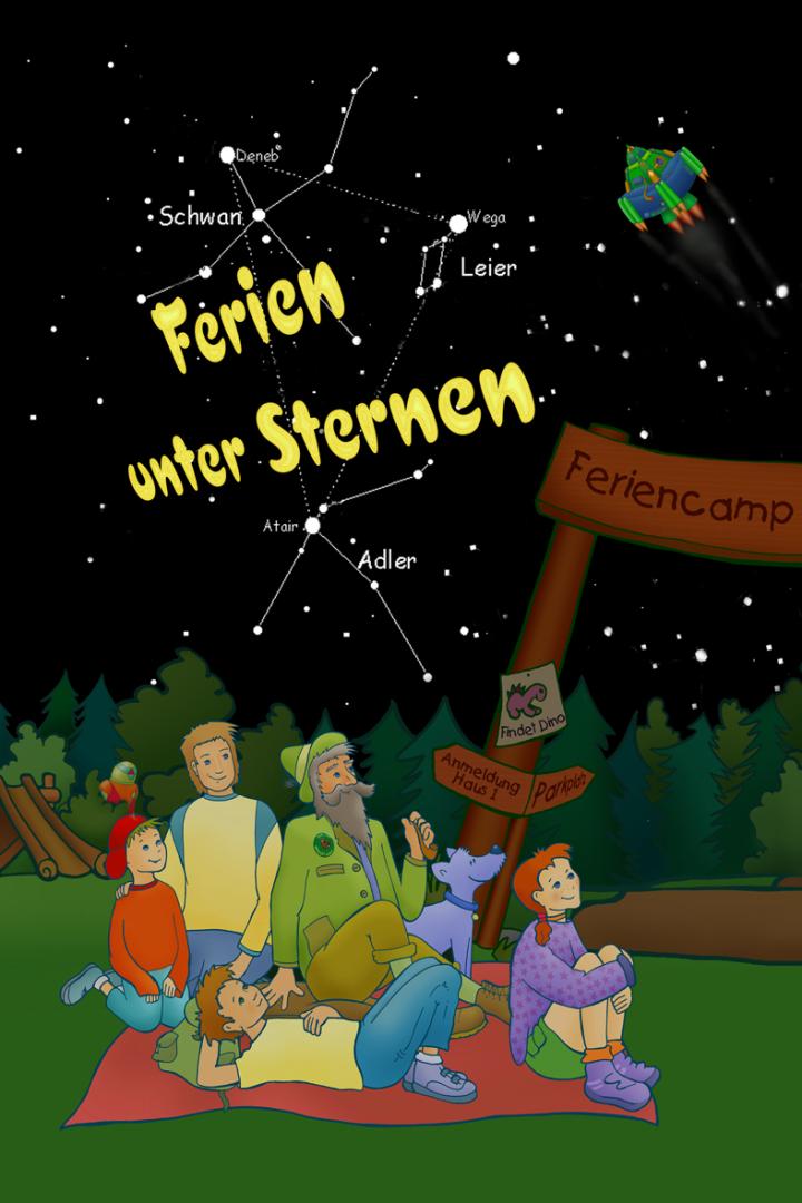 Eine Gruppe von Kindern und ein Mann sitzen unter dem Sternenhimmel auf einem „Feriencamp“-Schild.