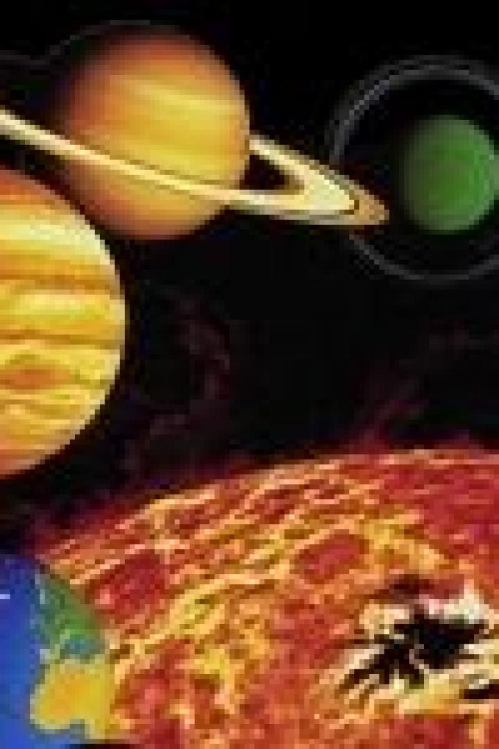 Eine Illustration, die die Sonne und einige Planeten unseres Sonnensystems zeigt.