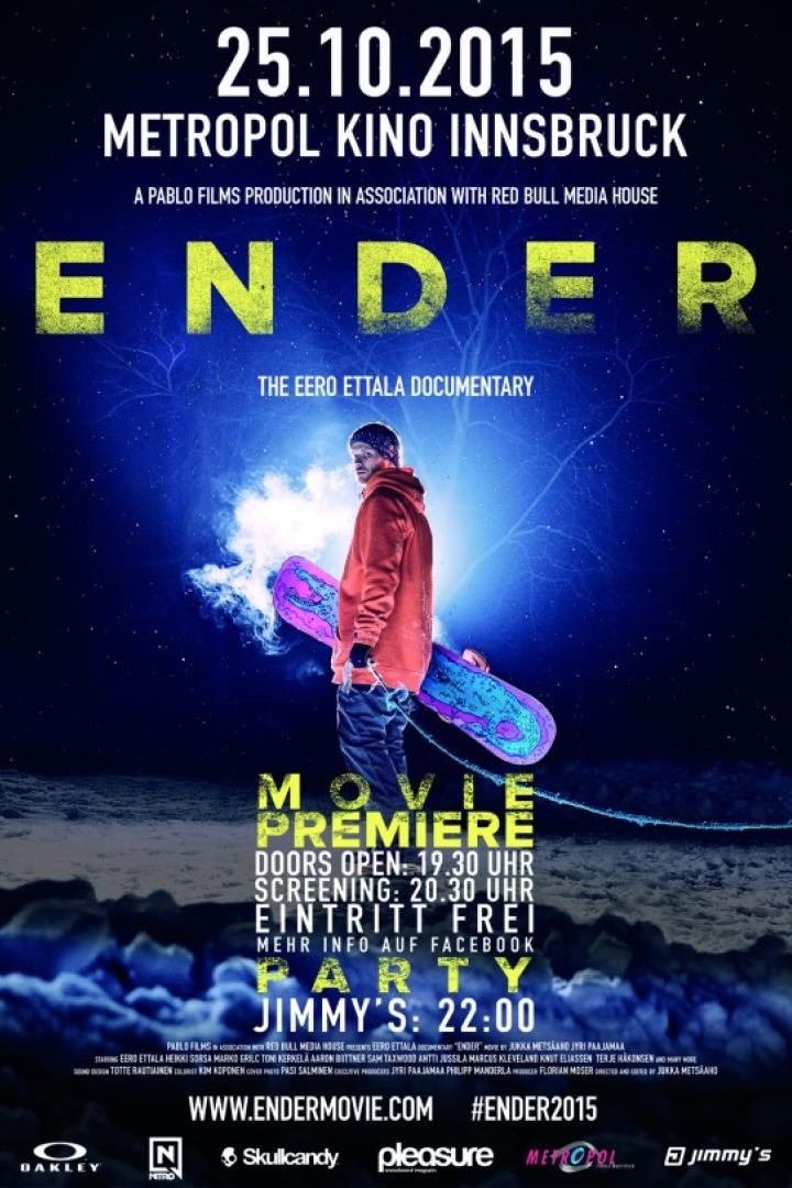 Ein Snowboarder mit seinem Board auf dem Filmplakat zu „Ender: The Eero Ettala Documentary“.