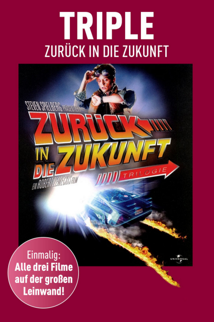 Das Filmplakat für die „Zurück in die Zukunft“-Trilogie mit dem DeLorean und Marty McFly.