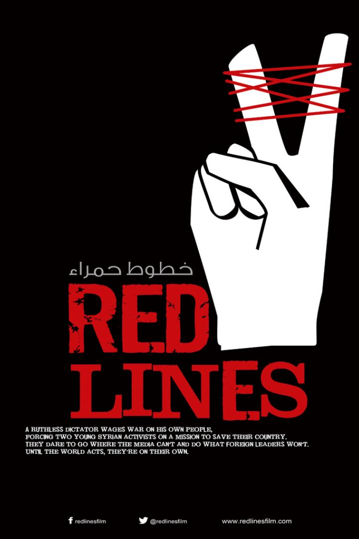 Ein Filmplakat für „Red Lines“ mit einer Hand, deren Finger mit roten Fäden gefesselt sind.