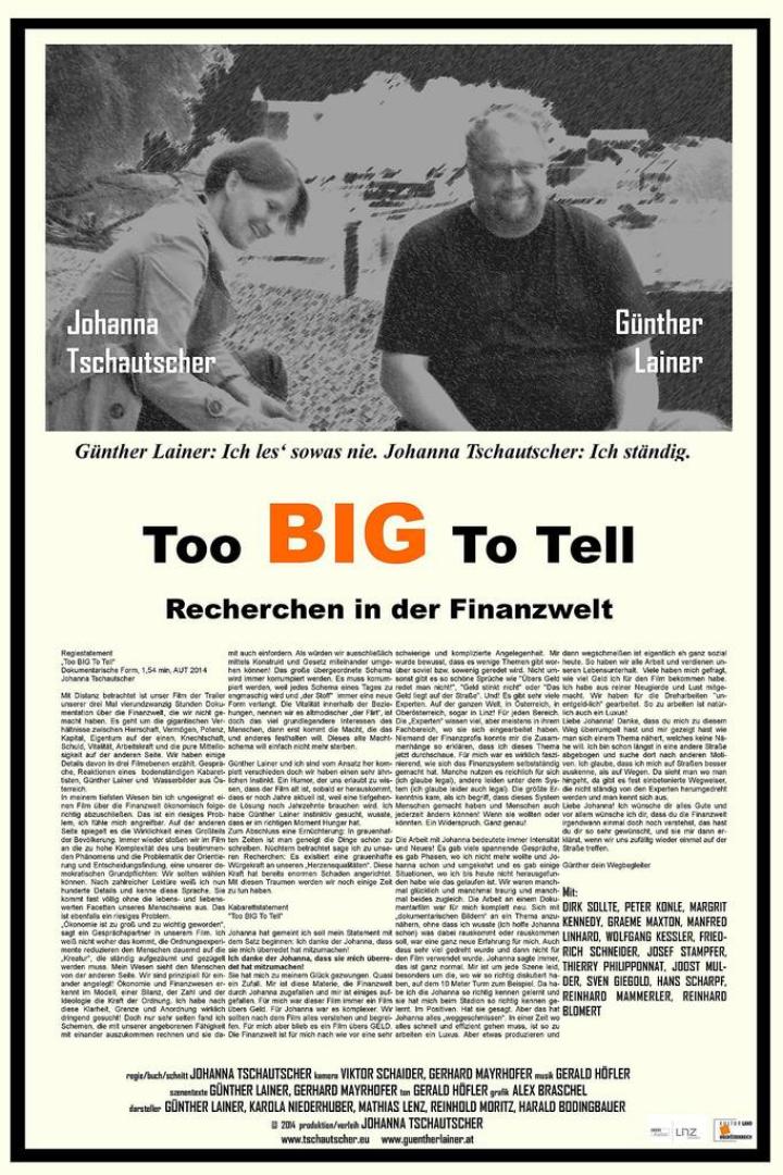 Das Filmplakat zu „Too Big To Tell“ zeigt Johanna Tschautscher und Günther Lainer, die über Finanzrecherchen sprechen.