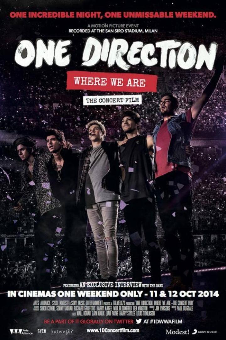Das Filmplakat für „One Direction: Where We Are – The Concert Film“ zeigt die Band vor einer jubelnden Menge.