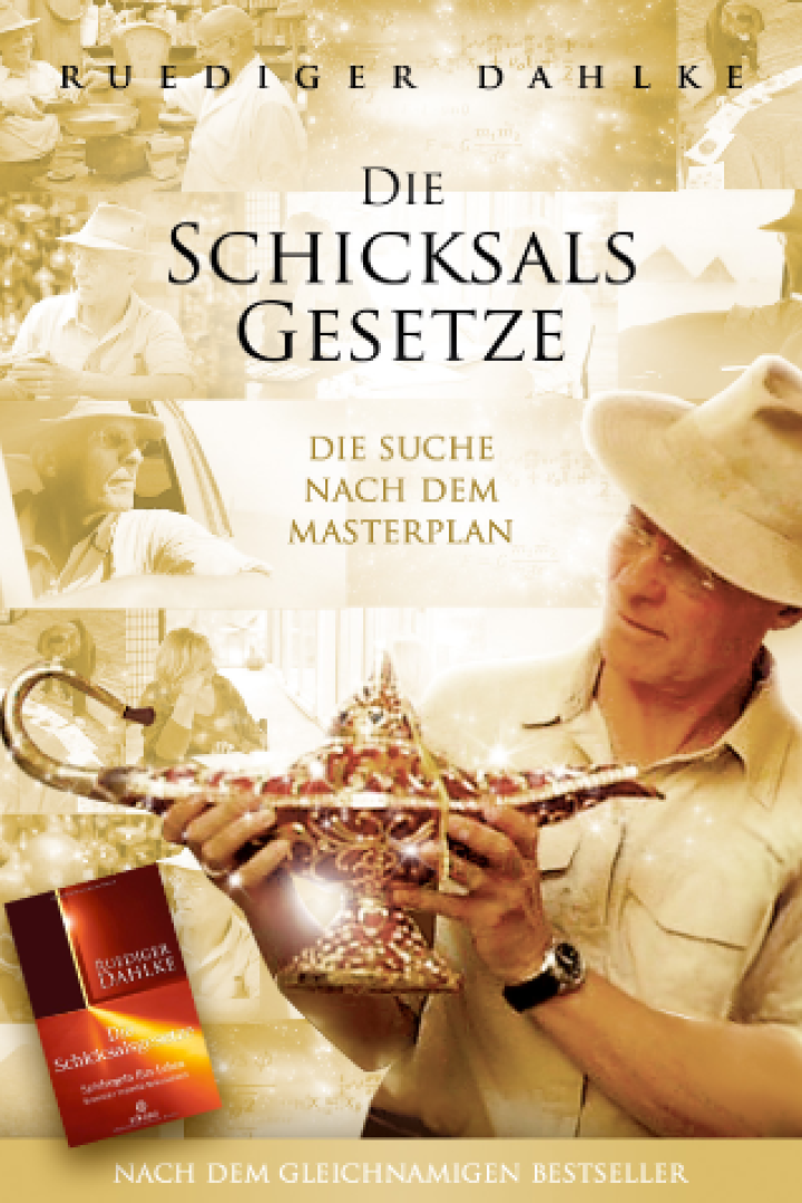 Das Buch „Die Schicksalsgesetze“ von Ruediger Dahlke mit einem Mann, der eine goldene Lampe hält.