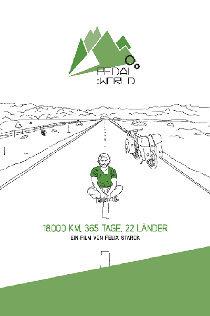 Ein Mann sitzt auf einer Landstraße neben seinem bepackten Fahrrad; Filmposter „Pedal the World“.