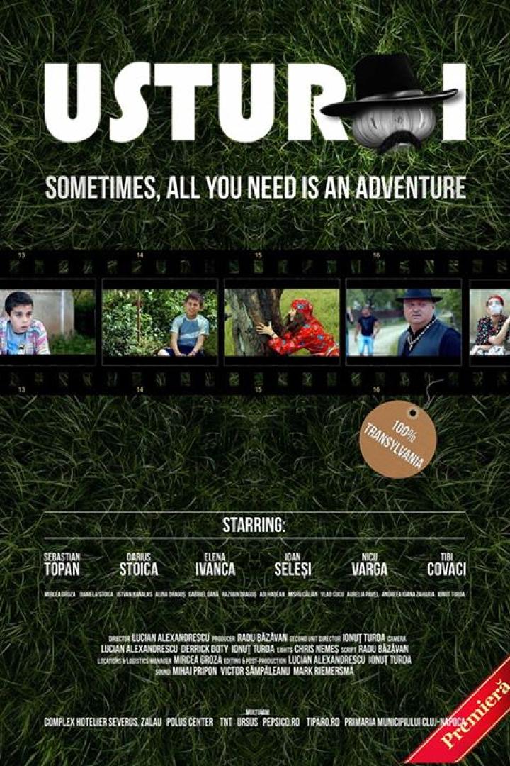 Das Filmplakat für „Usturii“ zeigt eine Reihe von Filmszenen und den Slogan „Sometimes, all you need is an adventure“.