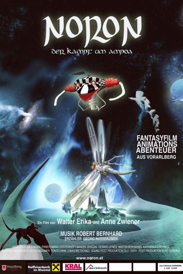 Das Filmplakat für „Noron – Der Kampf um Ampoa“ zeigt eine Fantasiewelt mit futuristischen Flugobjekten.