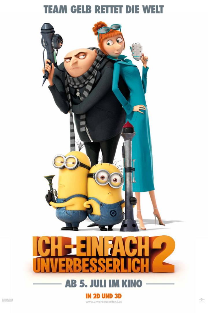 Das Filmplakat zu „Ich – Einfach unverbesserlich 2“ zeigt Gru, Lucy und zwei Minions.