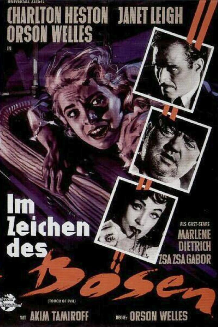 Das Filmplakat für „Im Zeichen des Bösen“ mit Charlton Heston, Janet Leigh und Orson Welles.