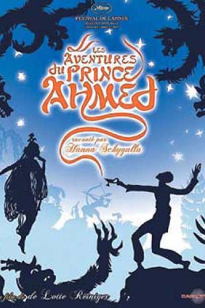 Das Filmplakat für „Die Abenteuer des Prinzen Achmed“ von Lotte Reiniger zeigt Silhouetten vor einem blauen Himmel.