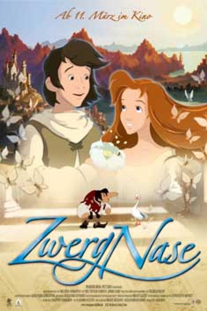 Ein animiertes Filmposter für „Zwerg Nase“ mit einem jungen Paar und einem Zwerg.