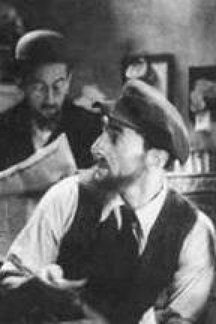 Eine Szene mit mehreren Männern, einer davon mit Bart und Mütze, und einem Kind.