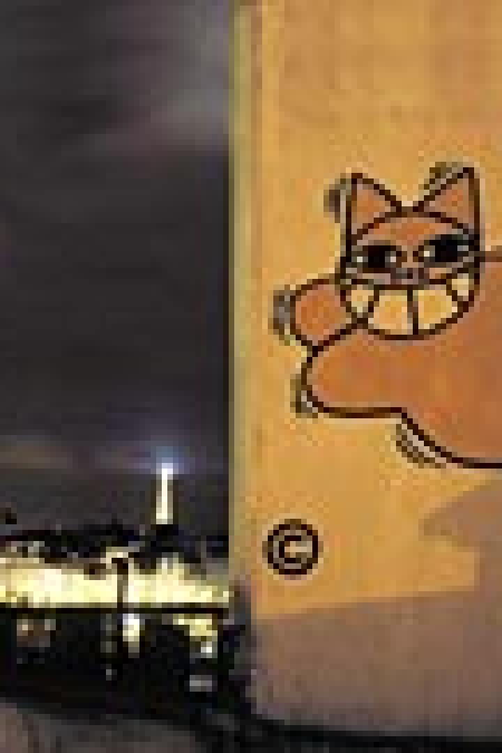 Ein Graffiti einer grinsenden Katze an einer Wand, im Hintergrund die Skyline von Paris bei Nacht.