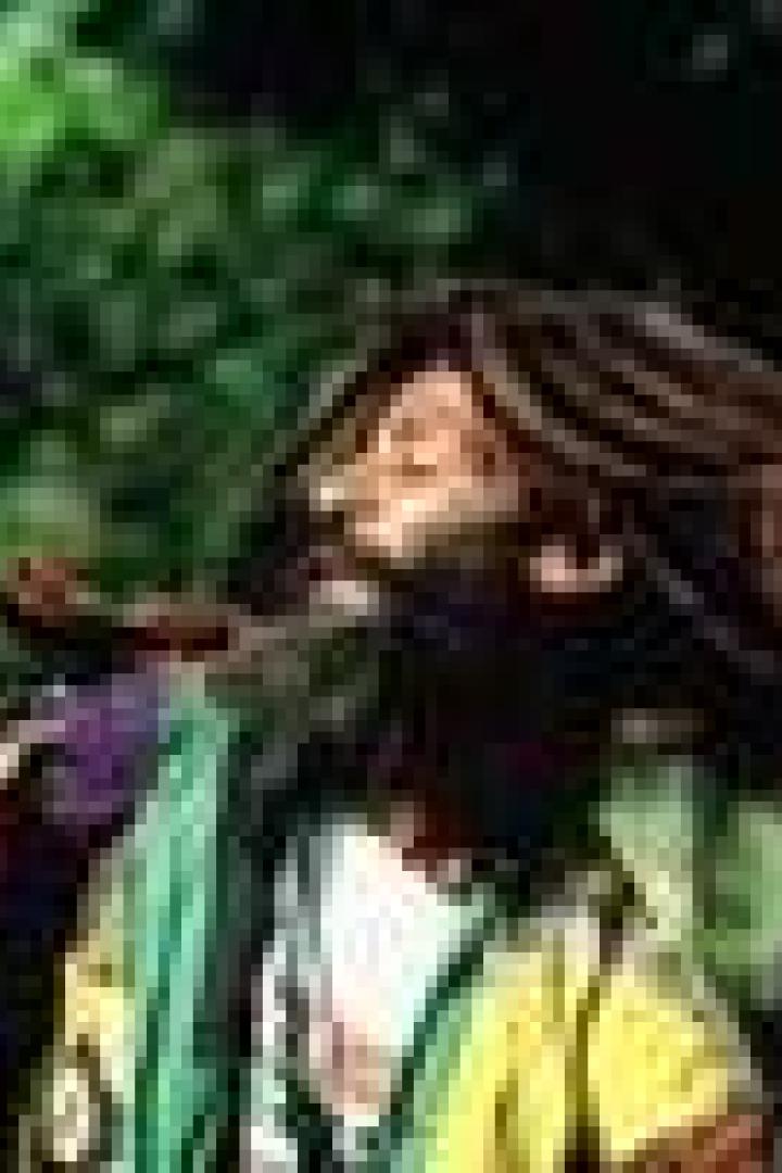 Ein Mann mit Dreadlocks schüttelt sein Haar.