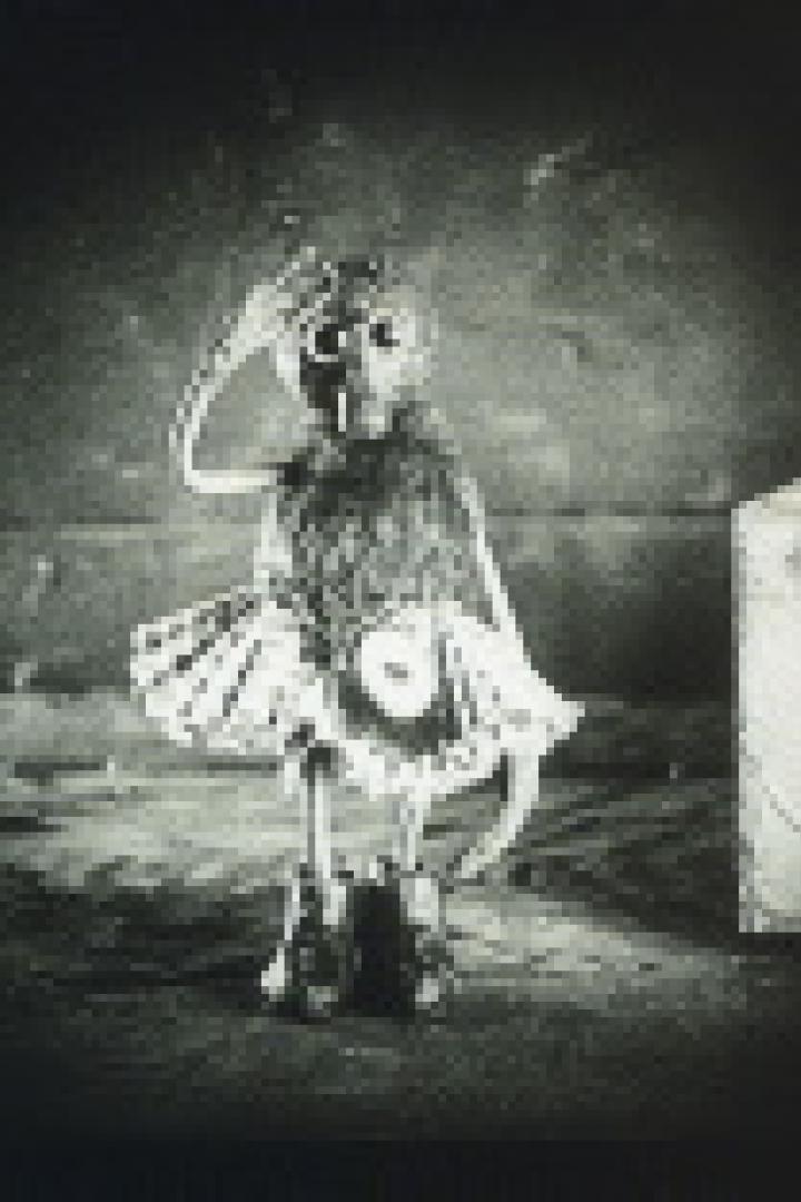 Eine unheimliche Puppe in einem Tutu steht in einem dunklen Raum.