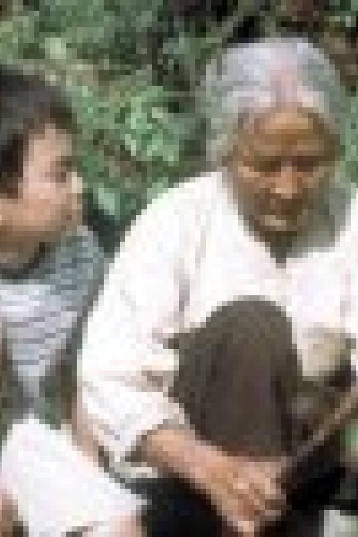 Eine ältere Frau sitzt mit einem Jungen zusammen und zeigt ihm etwas.