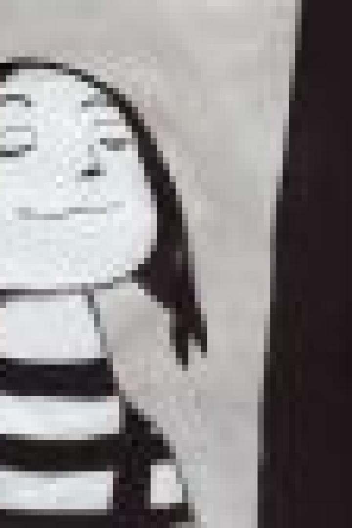 Eine schwarz-weiße Illustration einer Frau mit geschlossenen Augen und einem gestreiften Hemd.