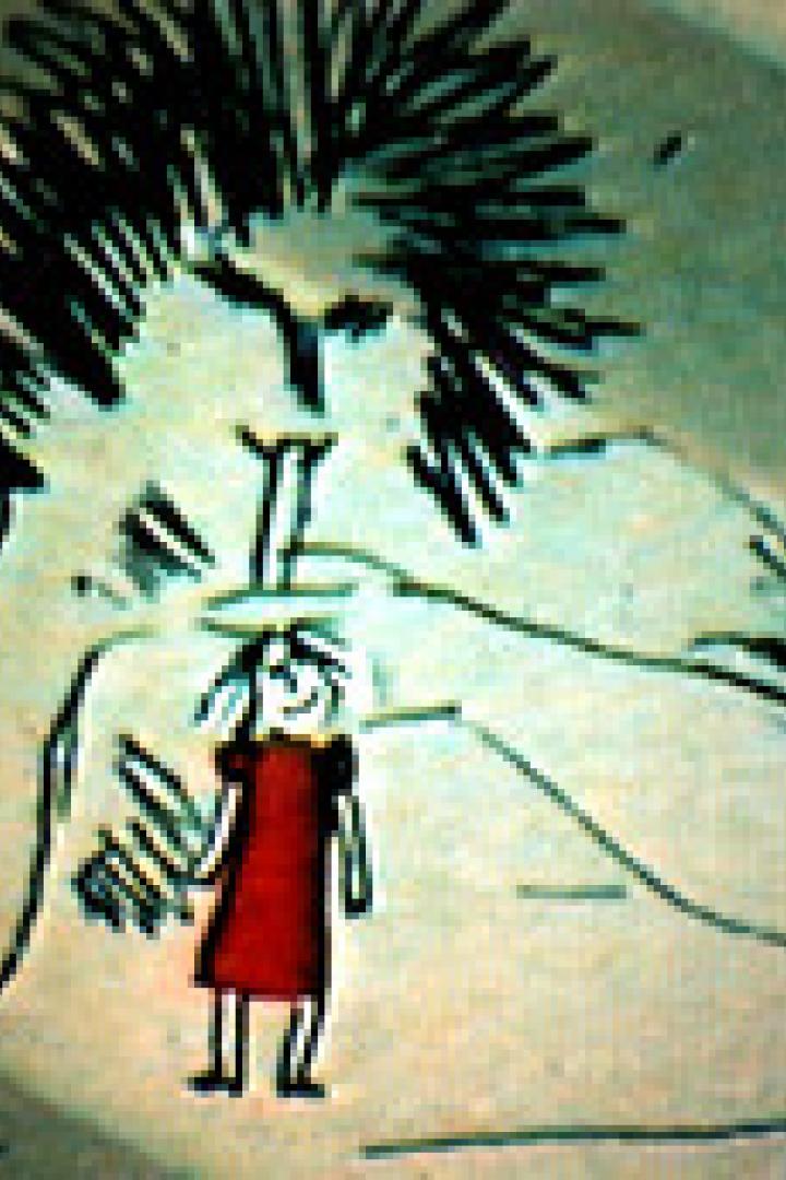 Eine gezeichnete Szene mit einem großen Löwenkopf über einem kleinen Mädchen in einem roten Kleid.