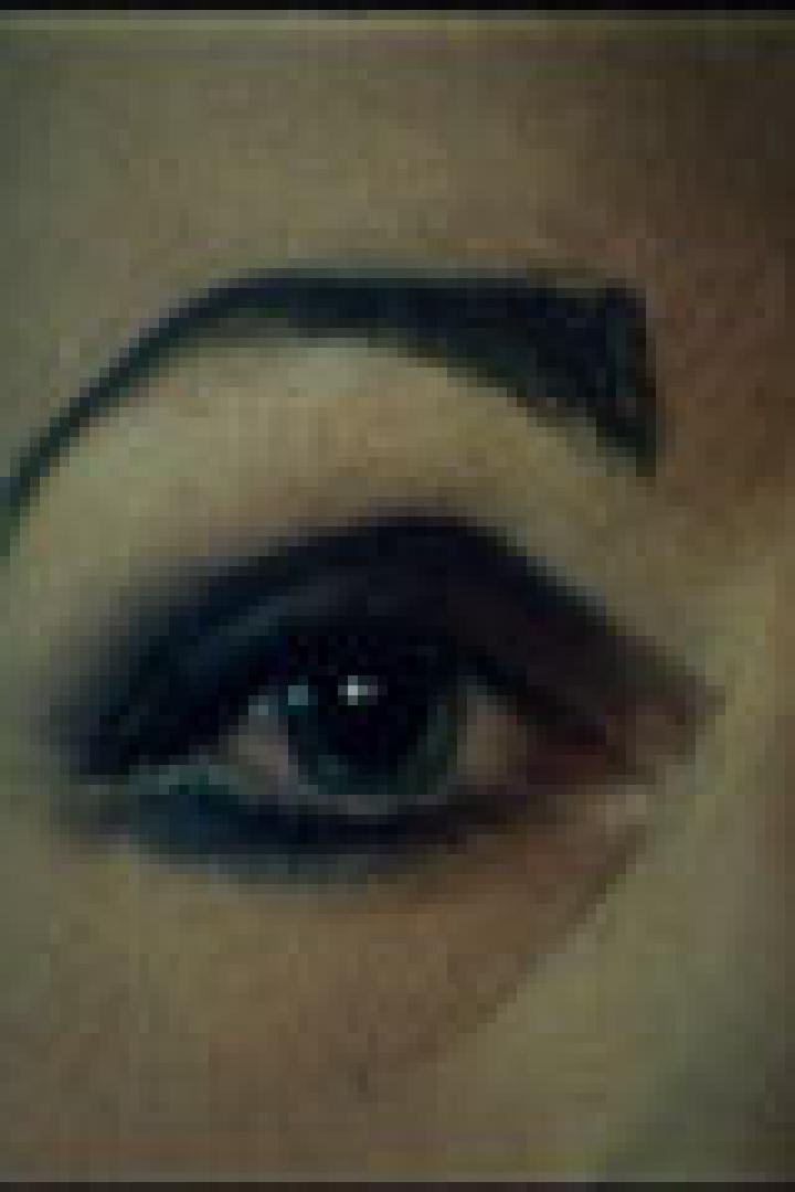 Nahaufnahme eines weiblichen Auges mit dunklem Lidschatten und definierter Augenbraue.