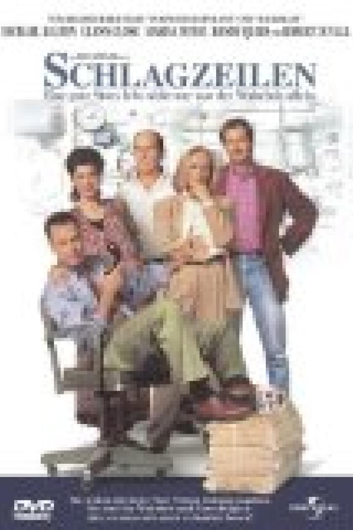 Das Filmplakat von „Schlagzeilen“ zeigt sechs Personen vor einer Weltkarte.