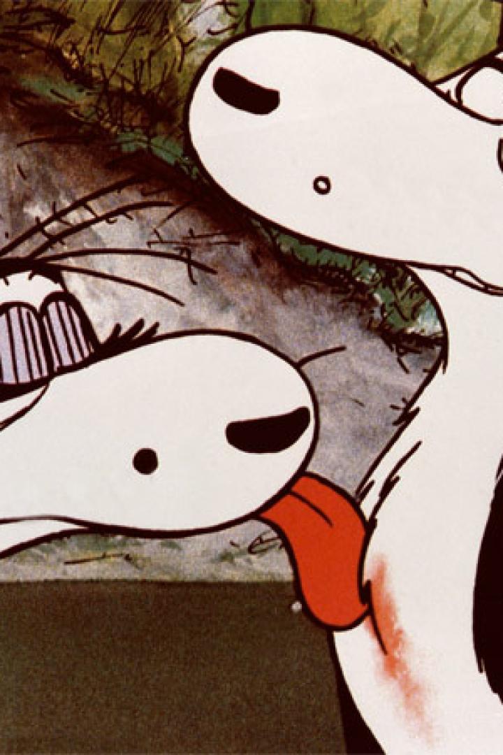 Zwei Hunde, gezeichnet im Cartoon-Stil, interagieren miteinander.