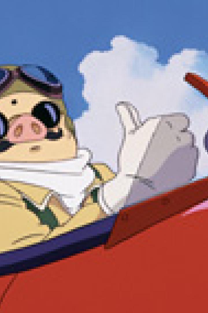 Ein anthropomorphes Schwein gibt in einem roten Flugzeug einen Daumen nach oben.