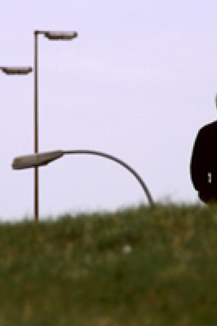 Ein Mann steht auf einem grasbewachsenen Hügel, im Hintergrund eine Reihe von Straßenlaternen.