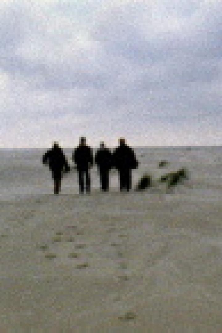 Vier Personen gehen an einem bewölkten Tag am Strand entlang.