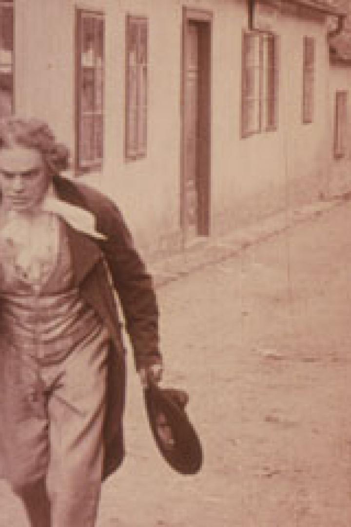 Ludwig van Beethoven geht mit einem Stock und einem Hut in der Hand eine Gasse entlang.