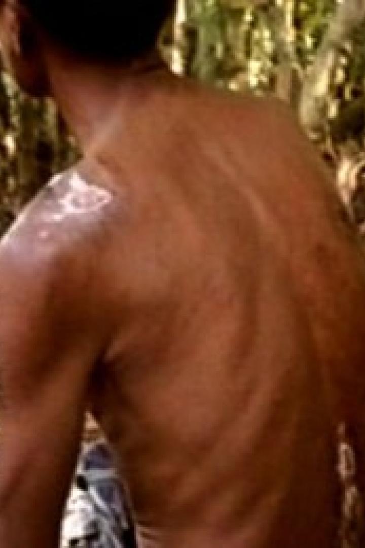 Ein Mann sitzt mit freiem Oberkörper in einem Waldstück.