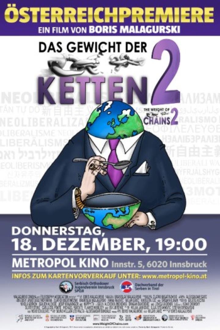Ein animiertes Filmplakat für „Das Gewicht der Ketten 2“ mit einem Mann, der aus einer Erdschüssel isst.