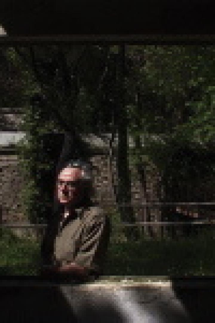 Ein Mann steht vor einem Fenster mit Blick auf einen Garten.